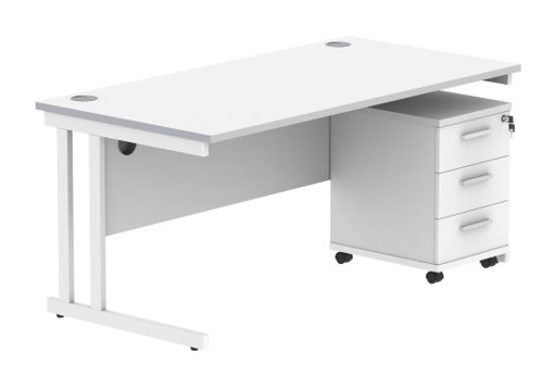 Double Upright Rectangular Desk + 3 Drawer Mobile Under Desk Pedestal 1600X800 Arctic White/White