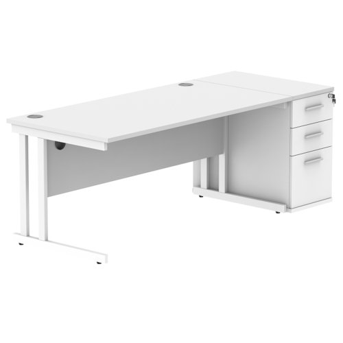 Double Upright Rectangular Desk + Desk High Pedestal 1600X800 Arctic White/White