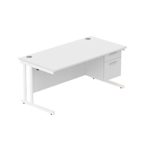 Office Rectangular Desk with Steel Double Upright Cantilever Legs + 2 Drawer Fixed Pedestal  1600X800 Arctic White/White