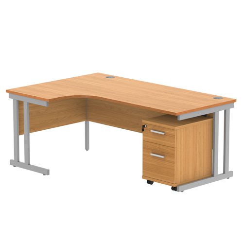 Double Upright Left Hand Radial Desk + 2 Drawer Mobile Under Desk Pedestal 1800X1200 Norwegian Beech/Silver