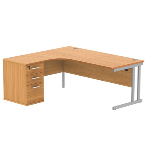 Double Upright Left Hand Radial Desk + Desk High Pedestal 600mm Deep Pedestal 1800X1200 Norwegian Beech/Silver