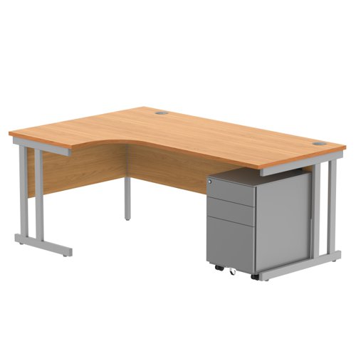 Double Upright Left Hand Radial Desk + Under Desk Steel Pedestal 3 Drawers 1800X1200 Norwegian Beech/Silver