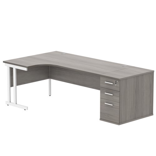Double Upright Left Hand Radial Desk + Desk High Pedestal 800mm Deep Pedestal 1800X1200 Alaskan Grey Oak/White