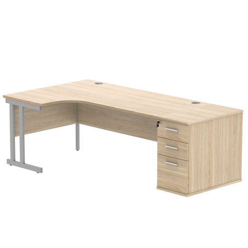 Double Upright Left Hand Radial Desk + Desk High Pedestal 800mm Deep Pedestal 1800X1200 Canadian Oak/Silver
