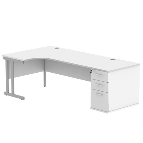 Double Upright Left Hand Radial Desk + Desk High Pedestal 800mm Deep Pedestal 1800X1200 Arctic White/Silver
