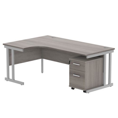 Double Upright Left Hand Radial Desk + 2 Drawer Mobile Under Desk Pedestal 1800X1200 Alaskan Grey Oak/Silver