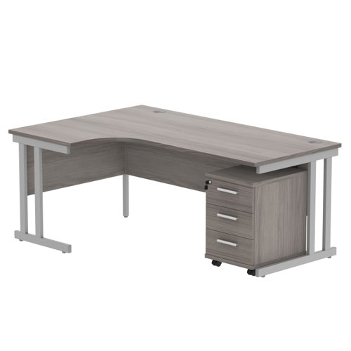 Double Upright Left Hand Radial Desk + 3 Drawer Mobile Under Desk Pedestal 1800X1200 Alaskan Grey Oak/Silver