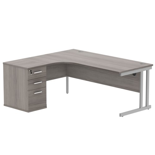Double Upright Left Hand Radial Desk + Desk High Pedestal 600mm Deep Pedestal 1800X1200 Alaskan Grey Oak/Silver