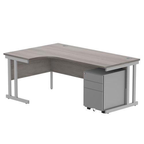 Double Upright Left Hand Radial Desk + Under Desk Steel Pedestal 3 Drawers 1800X1200 Alaskan Grey Oak/Silver