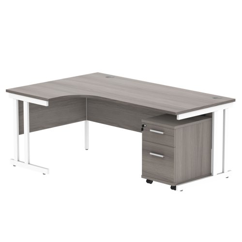 Double Upright Left Hand Radial Desk + 2 Drawer Mobile Under Desk Pedestal (FSC) 1800X1200 Alaskan Grey Oak/White