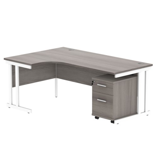 Double Upright Left Hand Radial Desk + 2 Drawer Mobile Under Desk Pedestal 1800X1200 Alaskan Grey Oak/White