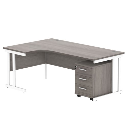 Double Upright Left Hand Radial Desk + 3 Drawer Mobile Under Desk Pedestal 1800X1200 Alaskan Grey Oak/White