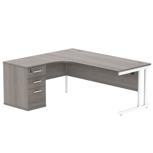 Double Upright Left Hand Radial Desk + Desk High Pedestal 600mm Deep Pedestal 1800X1200 Alaskan Grey Oak/White