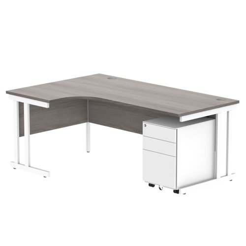 Double Upright Left Hand Radial Desk + Under Desk Steel Pedestal 3 Drawers 1800X1200 Alaskan Grey Oak/White