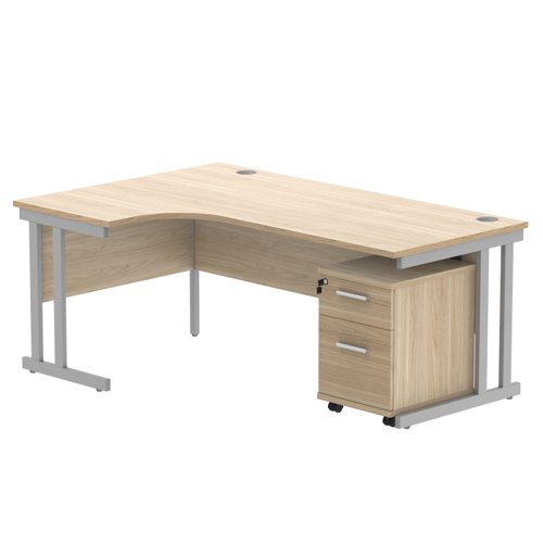 Double Upright Left Hand Radial Desk + 2 Drawer Mobile Under Desk Pedestal 1800X1200 Canadian Oak/Silver