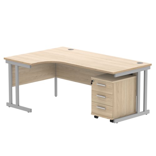 Double Upright Left Hand Radial Desk + 3 Drawer Mobile Under Desk Pedestal 1800X1200 Canadian Oak/Silver