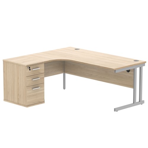 Double Upright Left Hand Radial Desk + Desk High Pedestal 600mm Deep Pedestal 1800X1200 Canadian Oak/Silver