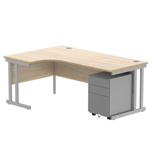 Double Upright Left Hand Radial Desk + Under Desk Steel Pedestal 3 Drawers 1800X1200 Canadian Oak/Silver