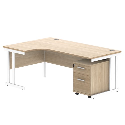 Double Upright Left Hand Radial Desk + 2 Drawer Mobile Under Desk Pedestal (FSC) 1800X1200 Canadian Oak/White