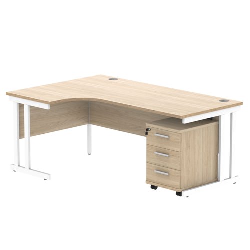Double Upright Left Hand Radial Desk + 3 Drawer Mobile Under Desk Pedestal (FSC) 1800X1200 Canadian Oak/White