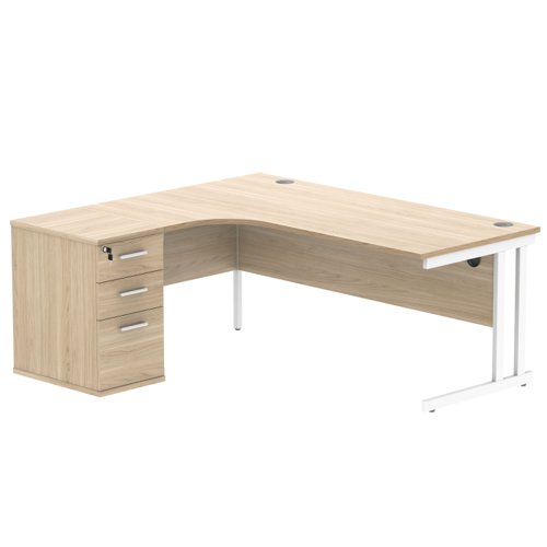 Double Upright Left Hand Radial Desk + Desk High Pedestal (FSC) 600mm Deep Pedestal 1800X1200 Canadian Oak/White