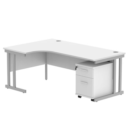 Double Upright Left Hand Radial Desk + 2 Drawer Mobile Under Desk Pedestal 1800X1200 Arctic White/Silver