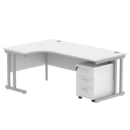 Double Upright Left Hand Radial Desk + 3 Drawer Mobile Under Desk Pedestal 1800X1200 Arctic White/Silver