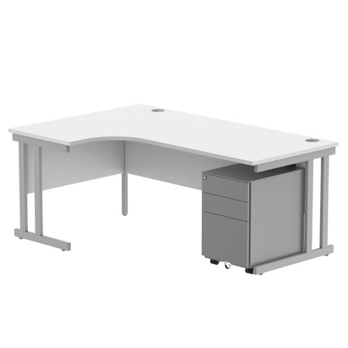 Double Upright Left Hand Radial Desk + Under Desk Steel Pedestal 3 Drawers 1800X1200 Arctic White/Silver
