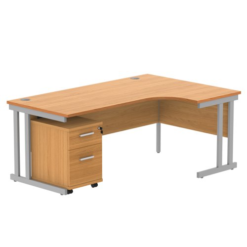 Double Upright Right Hand Radial Desk + 2 Drawer Mobile Under Desk Pedestal (FSC) 1800X1200 Norwegian Beech/Silver