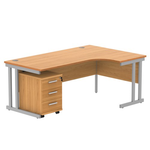 Double Upright Right Hand Radial Desk + 3 Drawer Mobile Under Desk Pedestal 1800X1200 Norwegian Beech/Silver