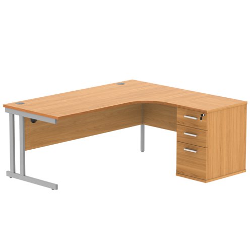 Double Upright Right Hand Radial Desk + Desk High Pedestal 600mm Deep Pedestal 1800X1200 Norwegian Beech/Silver