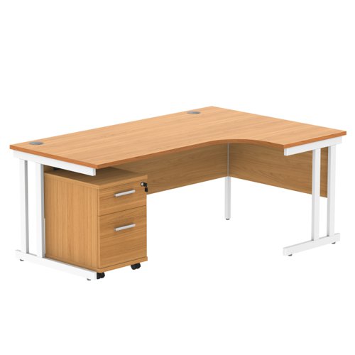 Double Upright Right Hand Radial Desk + 2 Drawer Mobile Under Desk Pedestal 1800X1200 Norwegian Beech/White