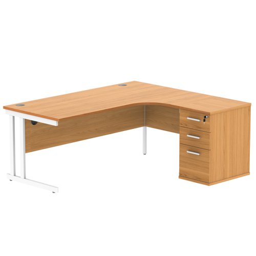 Double Upright Right Hand Radial Desk + Desk High Pedestal (FSC) 600mm Deep Pedestal 1800X1200 Norwegian Beech/White