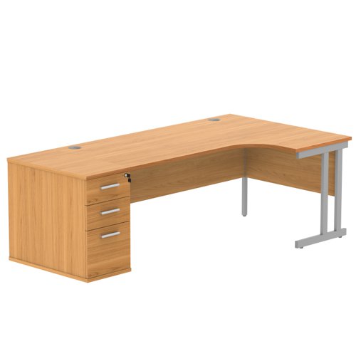 Double Upright Right Hand Radial Desk + Desk High Pedestal (FSC) 800mm Deep Pedestal 1800X1200 Norwegian Beech/Silver