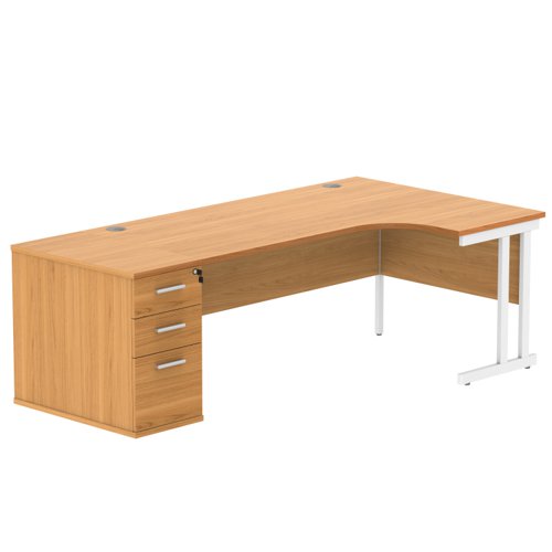Double Upright Right Hand Radial Desk + Desk High Pedestal (FSC) 800mm Deep Pedestal 1800X1200 Norwegian Beech/White