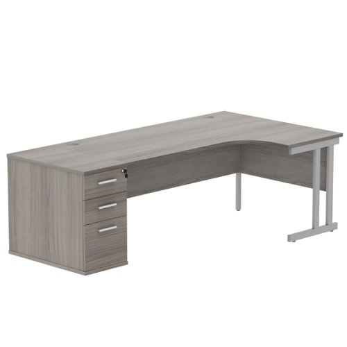 Double Upright Right Hand Radial Desk + Desk High Pedestal 800mm Deep Pedestal 1800X1200 Alaskan Grey Oak/Silver