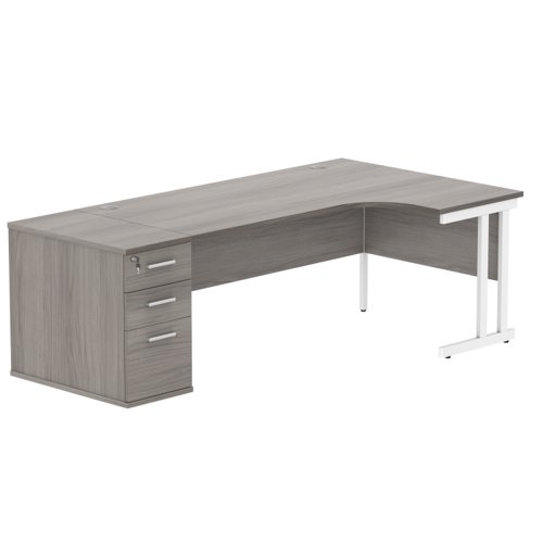 Double Upright Right Hand Radial Desk + Desk High Pedestal (FSC) 800mm Deep Pedestal 1800X1200 Alaskan Grey Oak/White