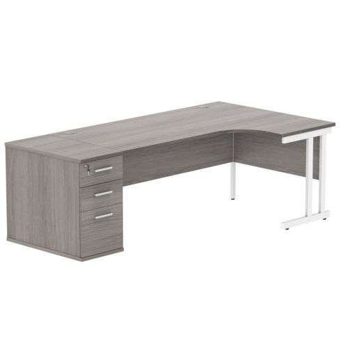 Double Upright Right Hand Radial Desk + Desk High Pedestal 800mm Deep Pedestal 1800X1200 Alaskan Grey Oak/White