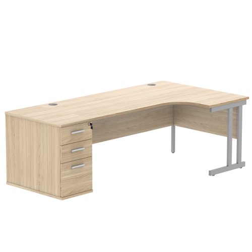 Double Upright Right Hand Radial Desk + Desk High Pedestal (FSC) 800mm Deep Pedestal 1800X1200 Canadian Oak/Silver
