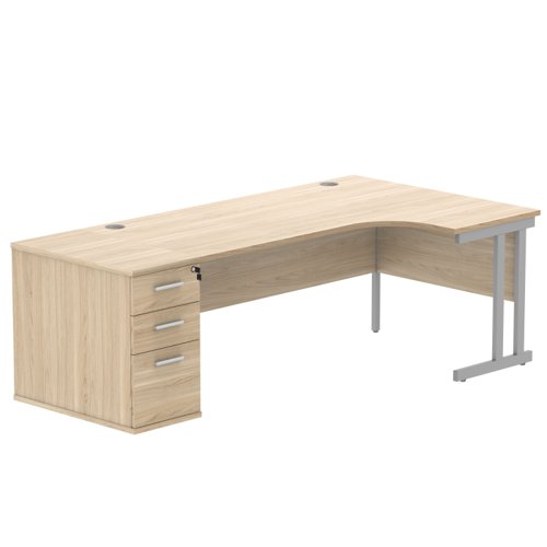 Double Upright Right Hand Radial Desk + Desk High Pedestal 800mm Deep Pedestal 1800X1200 Canadian Oak/Silver