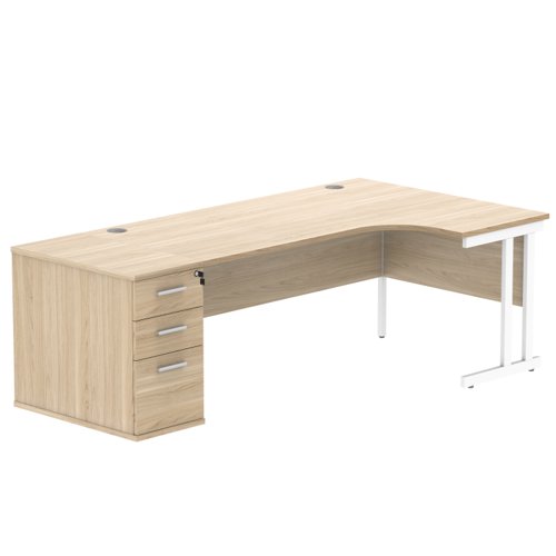 Double Upright Right Hand Radial Desk + Desk High Pedestal 800mm Deep Pedestal 1800X1200 Canadian Oak/White
