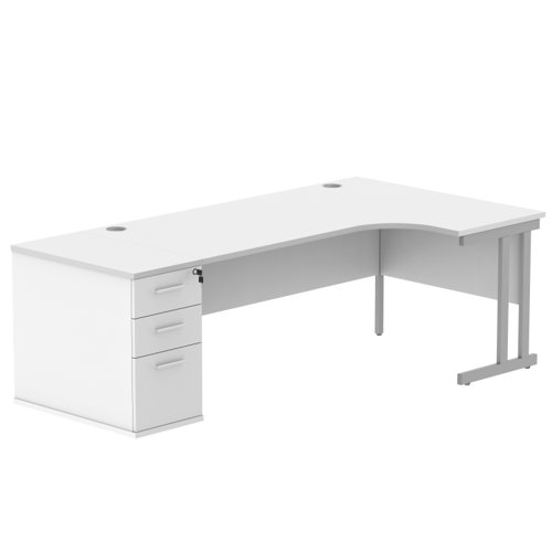 Double Upright Right Hand Radial Desk + Desk High Pedestal 800mm Deep Pedestal 1800X1200 Arctic White/Silver