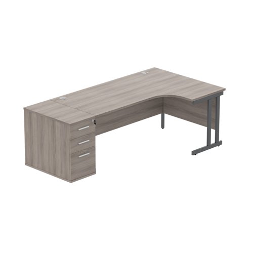 Double Upright Right Hand Radial Desk + Desk High Pedestal (FSC) 600mm Deep Pedestal 1800X1200 Alaskan Grey Oak/Graphite