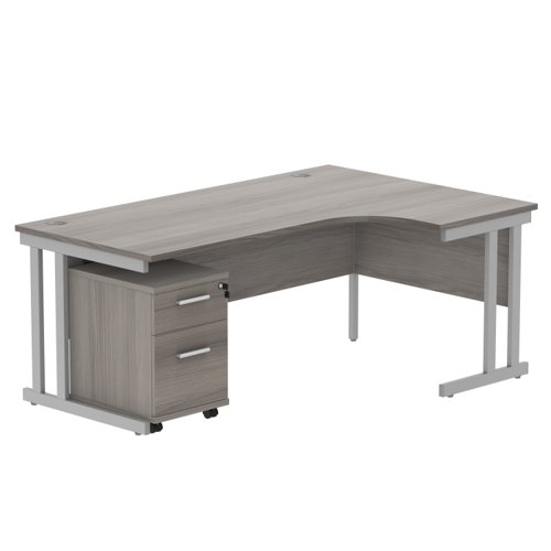Double Upright Right Hand Radial Desk + 2 Drawer Mobile Under Desk Pedestal 1800X1200 Alaskan Grey Oak/Silver