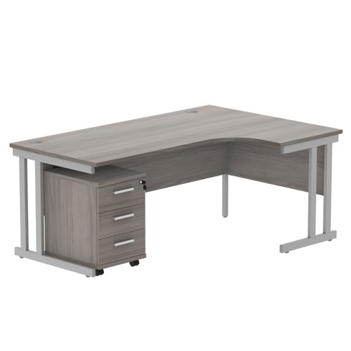 Double Upright Right Hand Radial Desk + 3 Drawer Mobile Under Desk Pedestal 1800X1200 Alaskan Grey Oak/Silver