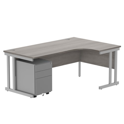 Double Upright Right Hand Radial Desk + Under Desk Steel Pedestal 3 Drawers (FSC) 1800X1200 Alaskan Grey Oak/Silver