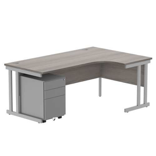 Double Upright Right Hand Radial Desk + Under Desk Steel Pedestal 3 Drawers 1800X1200 Alaskan Grey Oak/Silver