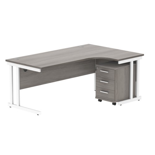 Double Upright Right Hand Radial Desk + 3 Drawer Mobile Under Desk Pedestal 1800X1200 Alaskan Grey Oak/White