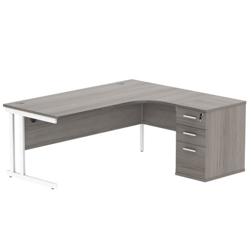 Double Upright Right Hand Radial Desk + Desk High Pedestal 600mm Deep Pedestal 1800X1200 Alaskan Grey Oak/White