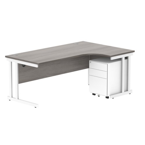 Double Upright Right Hand Radial Desk + Under Desk Steel Pedestal 3 Drawers 1800X1200 Alaskan Grey Oak/White